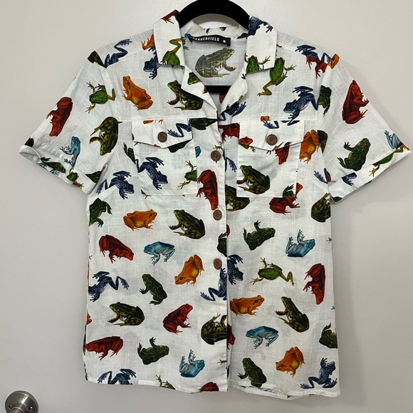 Frog Print Short Sleeve Shirt Cream Button Up Size 8 (M) Dangerfield/Modcloth - Picture 4 of 4